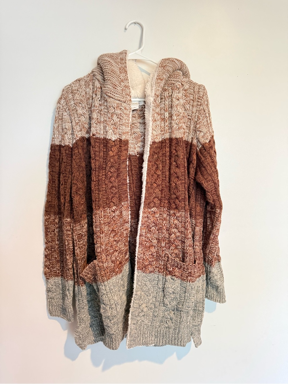 Cozy Colorblock Hooded Cable Knit Cardigan - Brown & Cream